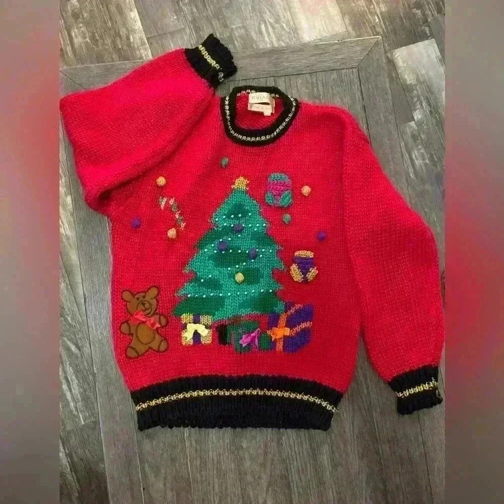 Heidi Sweater Womens Vintage RedAcrylic Hand Knit Christmas Tree Teddy Bear Gift - Picture 1 of 4